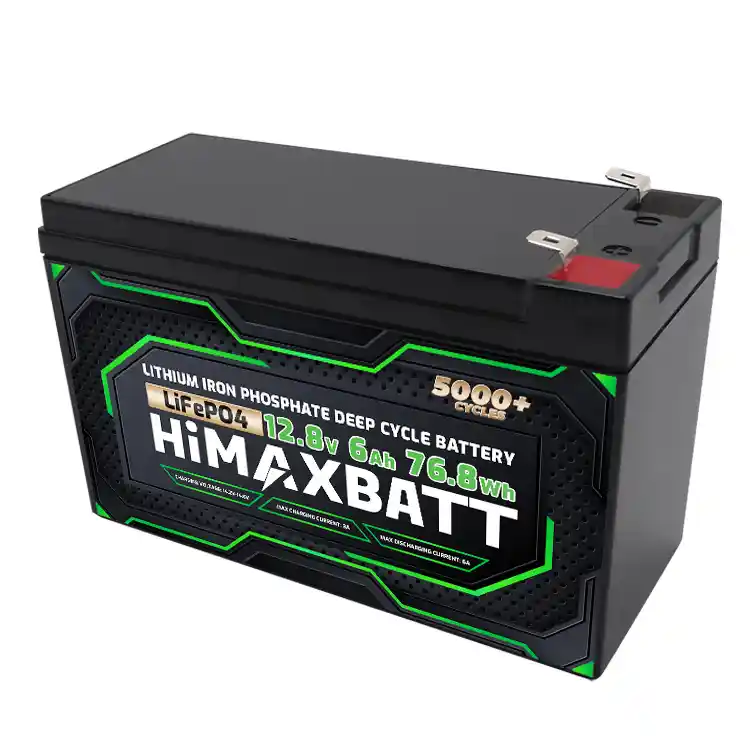 Himaxbatt 12V 6Ah LiFePO4 battery front angle view