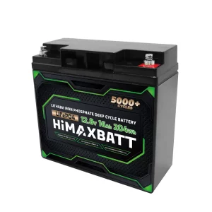 Side view of HiMAXBATT 12V 16Ah LiFePO4 battery with metallic terminals and reinforced housing for stable deep cycle lithium performance