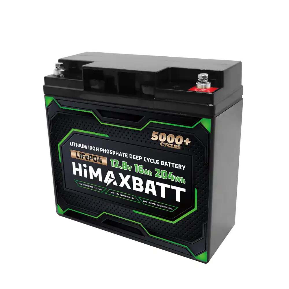 Side view of HiMAXBATT 12V 16Ah LiFePO4 battery with metallic terminals and reinforced housing for stable deep cycle lithium performance