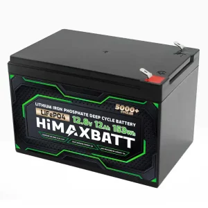 Himaxbatt 12V 12Ah LiFePO4 battery top right angle view