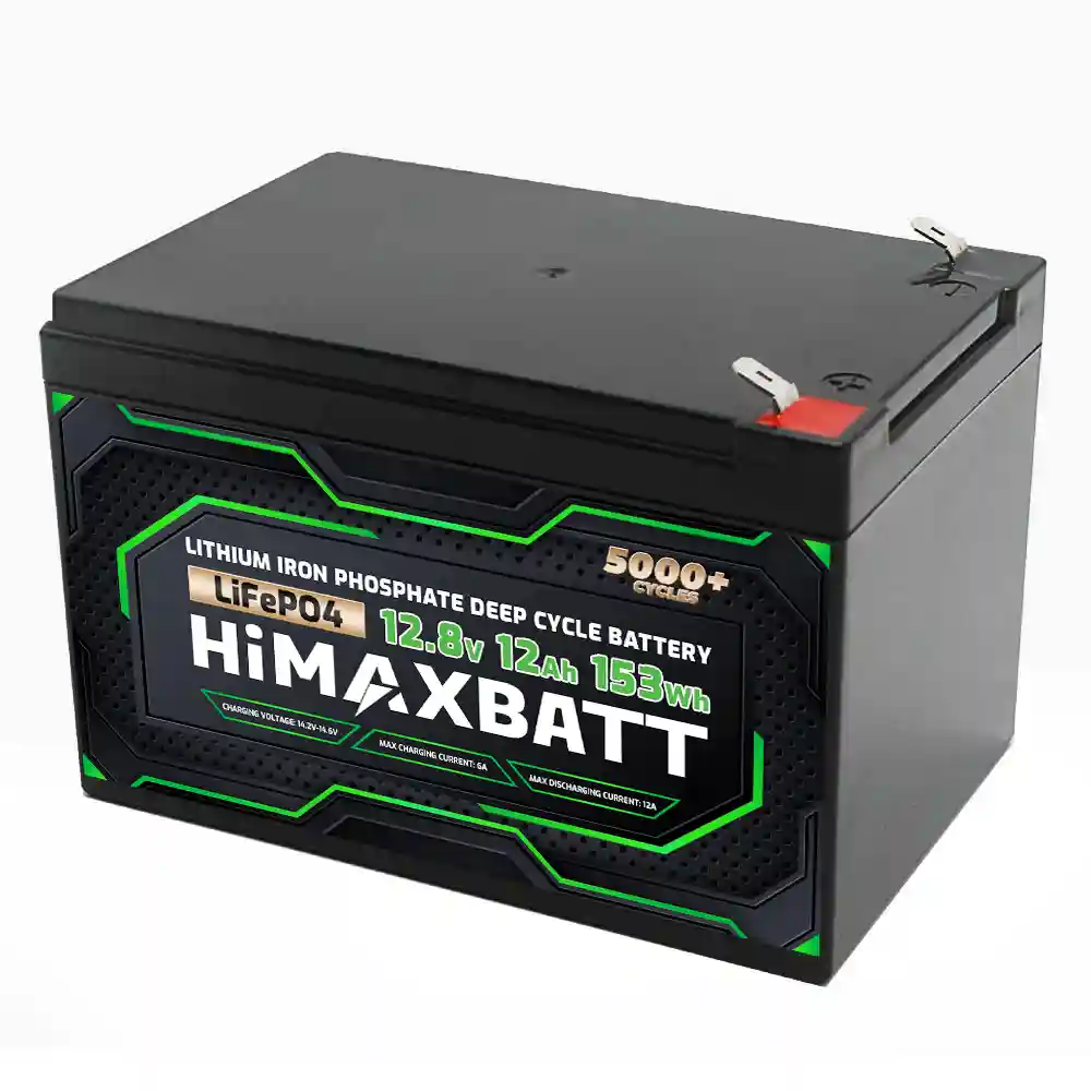 Himaxbatt 12V 12Ah LiFePO4 battery top right angle view