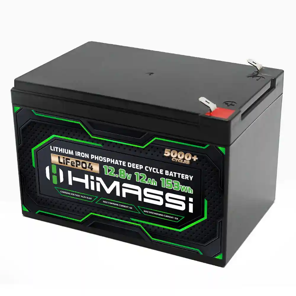 Himaxbatt 12V 12Ah LiFePO4 battery top right angle view