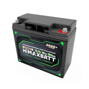 Side view of Himaxbatt 12V 15Ah LiFePO4 battery featuring durable casing, M6 terminals and highperformance deep cycle lithium technology