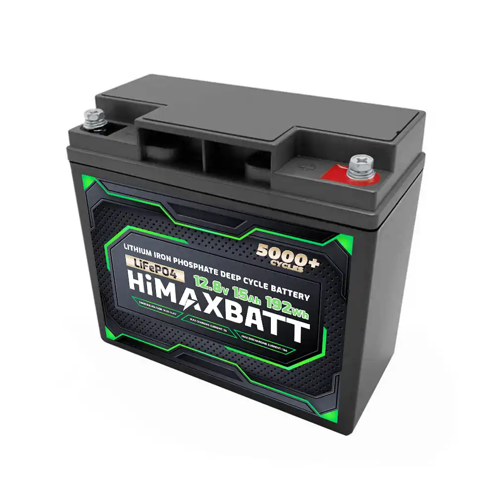 Side view of Himaxbatt 12V 15Ah LiFePO4 battery featuring durable casing, M6 terminals and highperformance deep cycle lithium technology