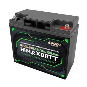Angled view of Himaxbatt LiFePO4 12V 18Ah battery featuring green trim, metallic terminals and highefficiency deep cycle design