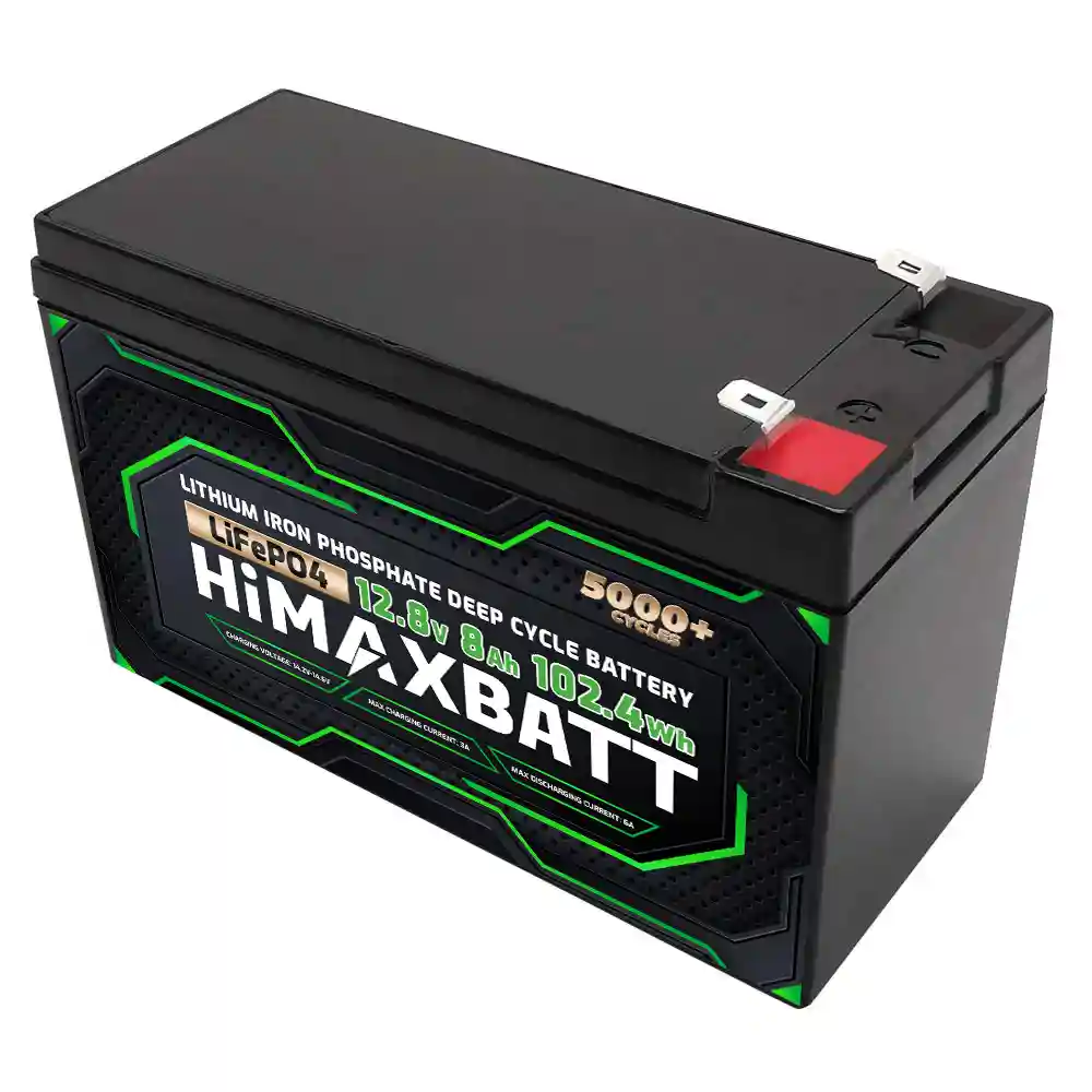 Himaxbatt 12V 8Ah LiFePO4 battery alternate front angle view