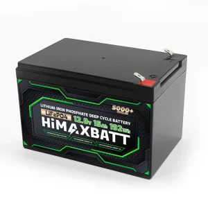 Himaxbatt LiFePO4 12.8V 15Ah deep cycle battery with 5000+ cycles, compact design and high energy density for reliable power storage