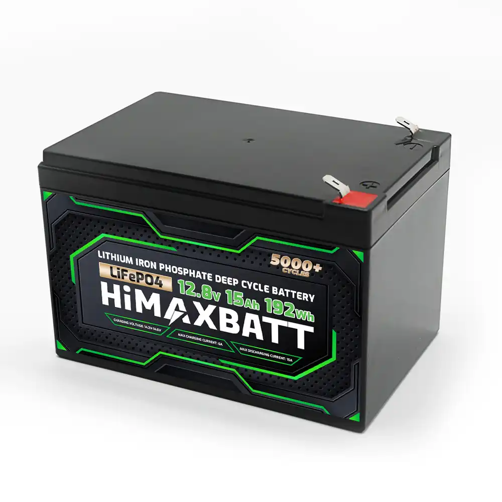 HiMAXBATT LiFePO4 12.8V 15Ah deep cycle battery with 5000+ cycles, compact design and high energy density for reliable power storage
