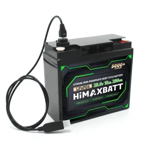Himaxbatt 25.6V 10Ah LiFePO4 battery front angle view with RS485 cable