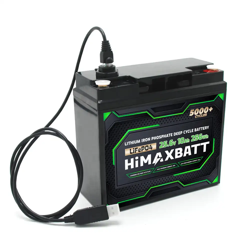 Himaxbatt 25.6V 10Ah LiFePO4 battery front angle view with RS485 cable