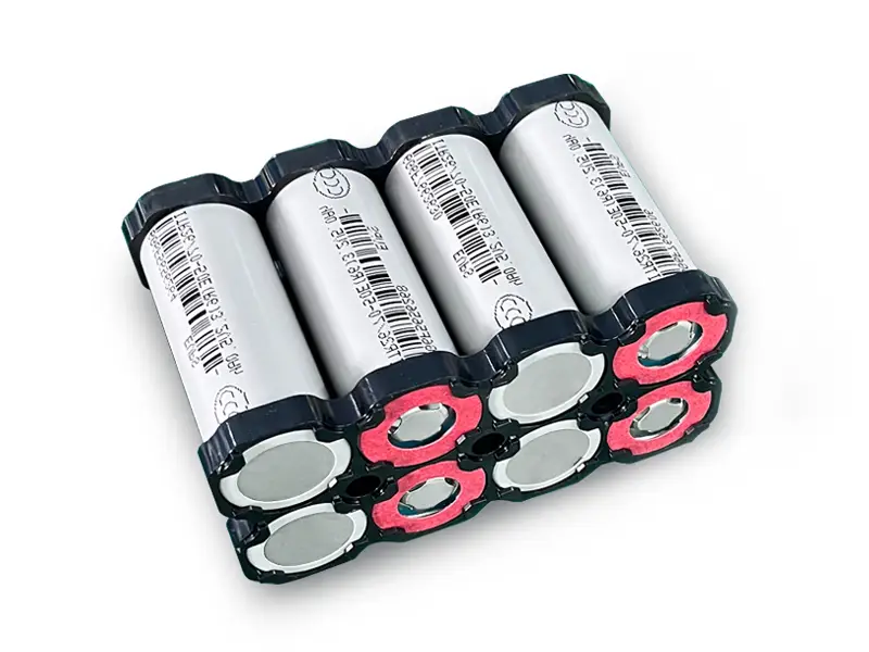 Custom LiFePO4 battery pack made of eight white cylindrical cells in black plastic holders
