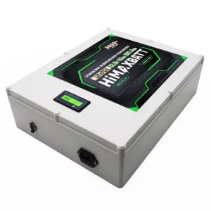 HiMAXBATT 12.8V 42Ah LiFePO4 battery front angle view showing LCD display and key switch