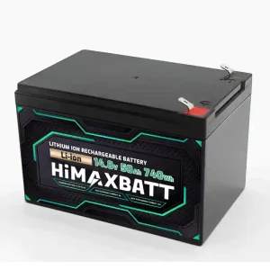 Angled view of the HiMAXBATT 14.8V 50Ah lithium-ion battery showcasing the ABS casing and OEM custom label design.