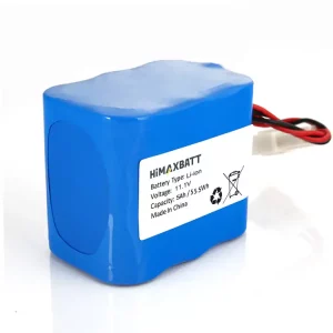 Himaxbatt 11.1V 5Ah 18650 Li-ion battery front left angle view with label