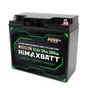 Himaxbatt 12V 20Ah LiFePO4 battery front angle view with top terminals
