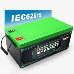 Himaxbatt 24V 230Ah LiFePO4 battery front angle view with IEC62619 certification banner