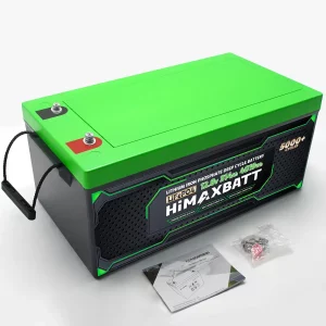 Himaxbatt 12V 314Ah LiFePO4 battery front angle view with accessories