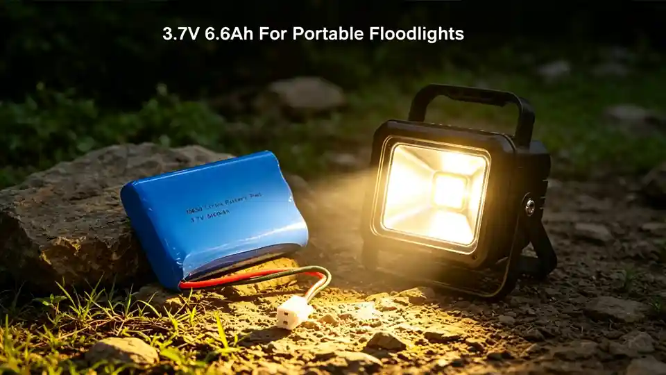 3.7V 6.6Ah Portable Floodlight Battery Blue 3.7V 6.6Ah lithium battery next to a lit portable floodlight