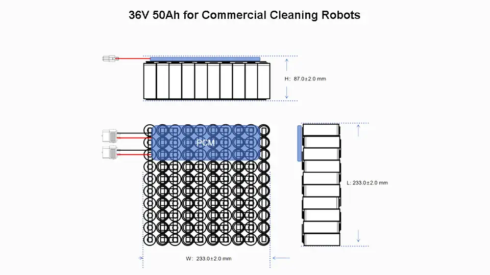 36V 50Ah Cleaning Robot Battery Design Design drawing of a 36V 50Ah custom battery pack for commercial cleaning robots