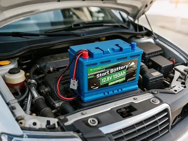 12V 150Ah Lithium Auto Battery 12.8V 150Ah lithium start battery installed in a car engine bay