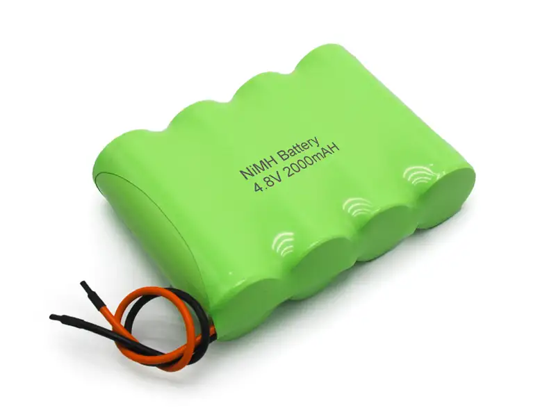 Custom 4.8V 2000mAh Ni-MH battery pack with four green cells and orange and black lead wires