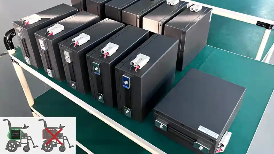 Wheelchair LiFePO4 Battery Packs Custom LiFePO4 battery packs lined up on a workbench for electric wheelchairs
