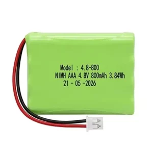 Top view of the 4.8V 800mAh NiMH battery pack with printed technical specifications, model number, and capacity label.