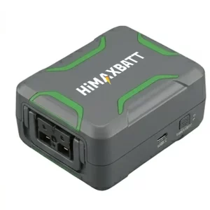 Angled view of the HiMAXBATT 46.8V 10Ah battery pack showing the connector port panel