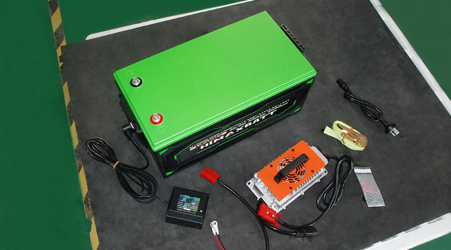 HiMAXBATT 48V 100Ah LiFePO4 golf cart battery kit with dedicated charger, smart display, and mounting accessories