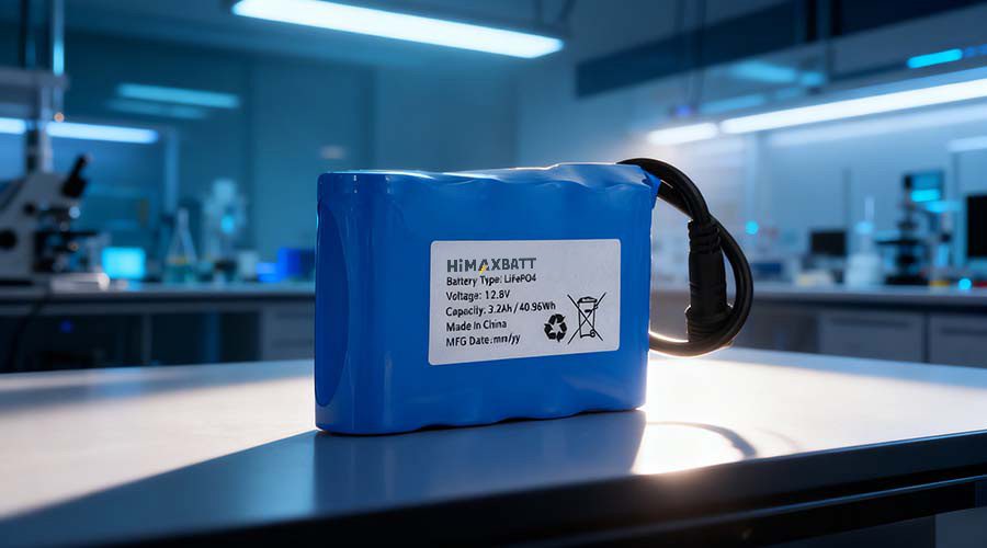 HiMAXBATT 12.8V 3.2Ah 40.96Wh LiFePO4 battery pack with DC output cable in laboratory