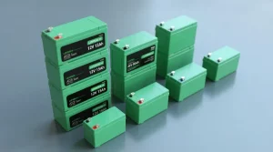 Multiple green 12V LiFePO4 lithium battery modules including 12Ah, 15Ah, and 30Ah sizes