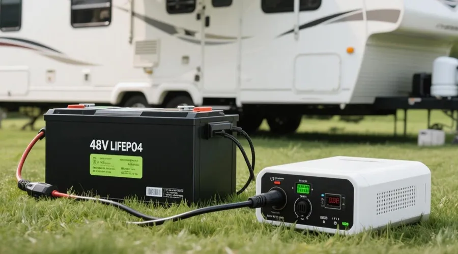 48V 100Ah LiFePO4 battery pack connected to a smart 48V lithium charger outdoors next to an RV