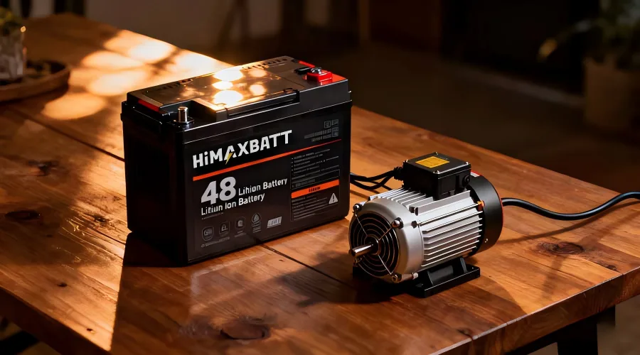 `HiMAXBATT 48V lithium ion battery powering electric motor on wooden table, industrial application display`