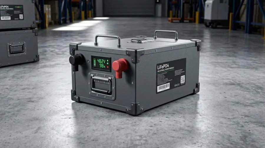 Heavy-duty 48V industrial LiFePO4 battery pack with steel casing and digital display