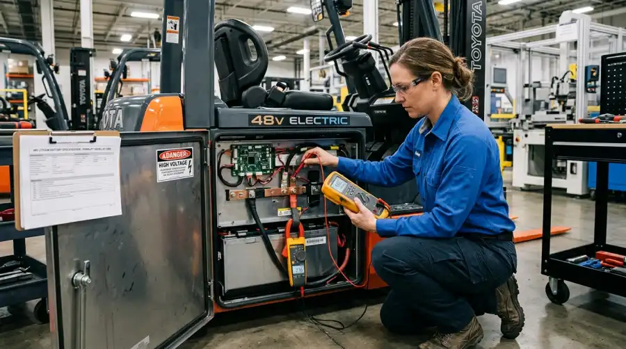 Engineer measuring voltage and current on 48V lithium battery compartment in an electric forklift
