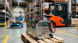 48V industrial lithium battery pack sizing guide hero banner featuring warehouse AGV and forklift