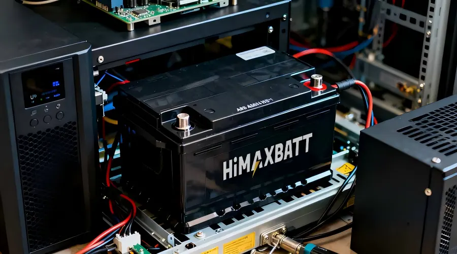 Close-up of a HiMAXBATT UPS battery connected inside a UPS unit with red and blue cables.
