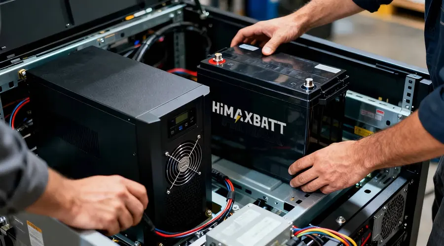 Technician replacing a HiMAXBATT UPS battery in a server rack to keep backup power reliable.