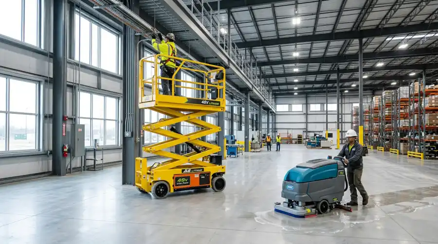Electric scissor lift aerial work platform and industrial floor scrubber powered by 48V lithium batteries