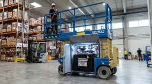 Electric scissor lift powered by an industrial LiFePO4 lithium battery pack in a modern warehouse