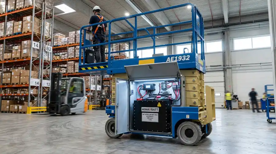 Electric scissor lift powered by an industrial LiFePO4 lithium battery pack in a modern warehouse