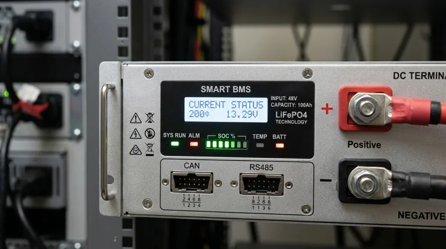 Close-up of a 48V 100Ah LiFePO4 telecom battery showing Smart BMS interface and communication ports