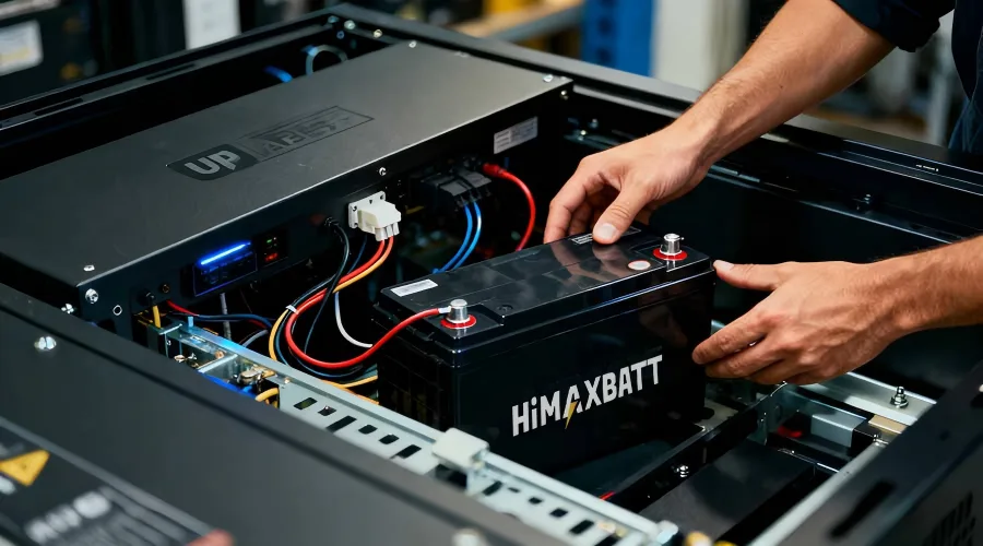 Technician installing a HiMAXBATT UPS battery into an industrial enclosure with power cables connected.
