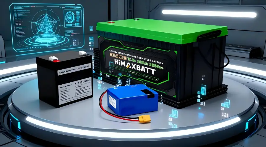 `HiMAXBATT 12.8V 300Ah 2650Wh LiFePO4 deep cycle battery with futuristic tech display`