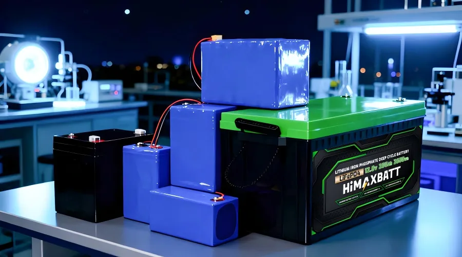HiMAXBATT 12.8V 300Ah LiFePO4 deep cycle battery with various battery cells in professional laboratory