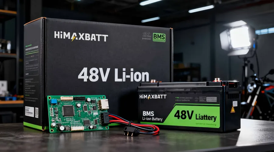 HiMAXBATT 48V Li-ion battery with BMS circuit board and product packaging box, industrial workshop kit display