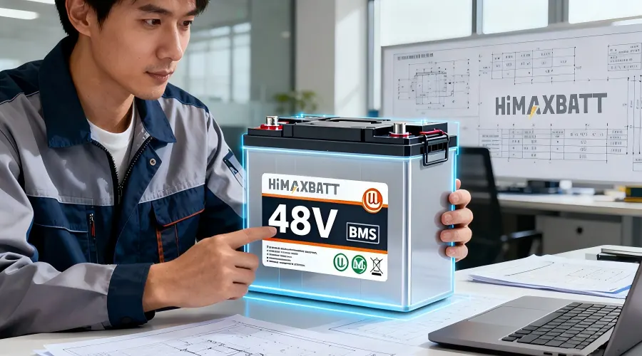 HiMAXBATT 48V lithium battery with built-in BMS, engineer showing product in technical design office with blueprints