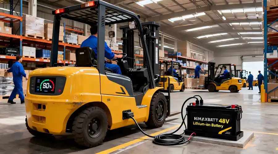 HiMAXBATT 48V lithium-ion battery charging for electric forklift in warehouse, industrial logistics power solution