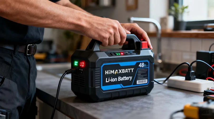 `HiMAXBATT 48V portable lithium ion battery charging on workbench, handheld design with LED status indicator`
