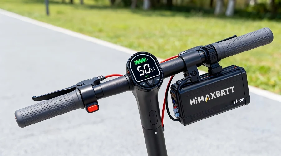 `HiMAXBATT Li-ion battery mounted on electric scooter handlebar, outdoor road application with real-time battery level display`